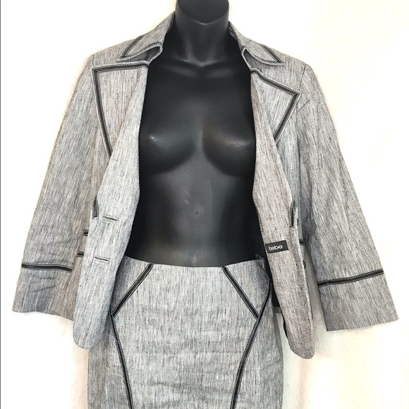BEBE 2 piece linen blazer suit jacket and skirt set grey black trim collared top - Picture 3 of 10